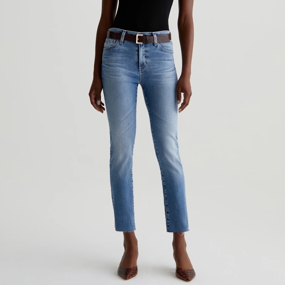 7 For All Mankind Mid Rise Straight Leg Ankle Jeans blue raw hem